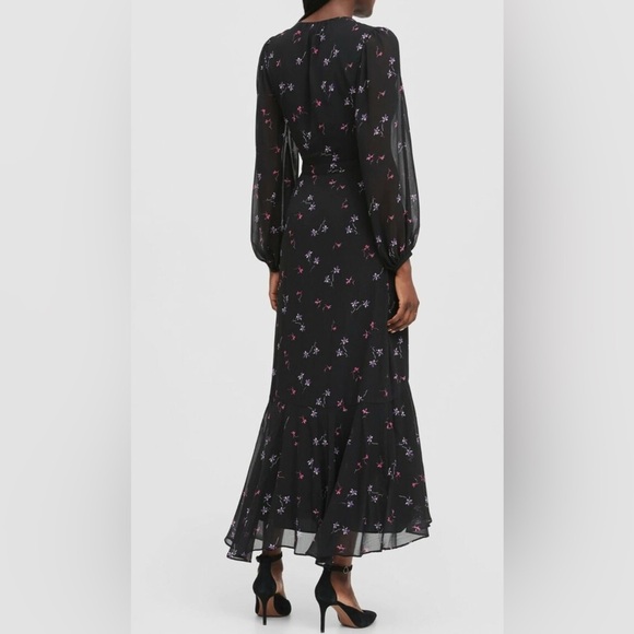 BANANA REPUBLIC Sz 8 Floral Faux Wrap Maxi Dress Ruffle Balloon Sleeve Sheer - Picture 2 of 13